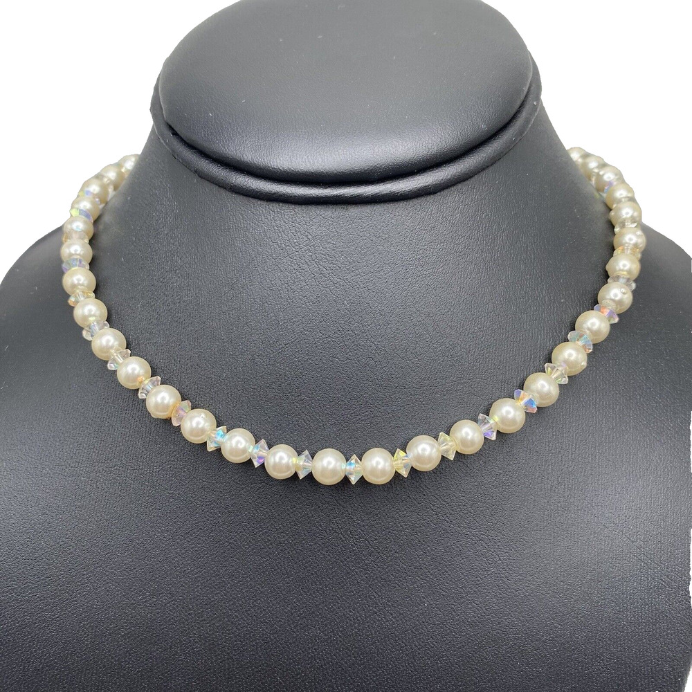 Vintage Faux Pearl AB Rhinestone Necklace Choker Lucite White Retro 50s 14.5"